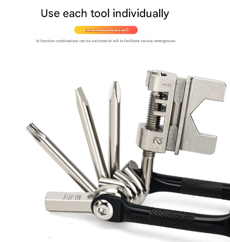Black and Silver 16 in 1 Bicycle Repair Multi Tool - Compact Folding Bike Tool Kit with Chain Breaker for MTB Road Cycling - Image 3