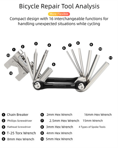 Black and Silver 16 in 1 Bicycle Repair Multi Tool - Compact Folding Bike Tool Kit with Chain Breaker for MTB Road Cycling - Image 5