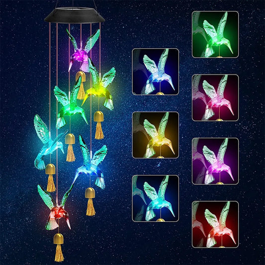 Blue Solar Powered Hummingbird Wind Chime(Without bell) - Color-Changing LED Hanging Garden Light Outdoor Decor - Image 4
