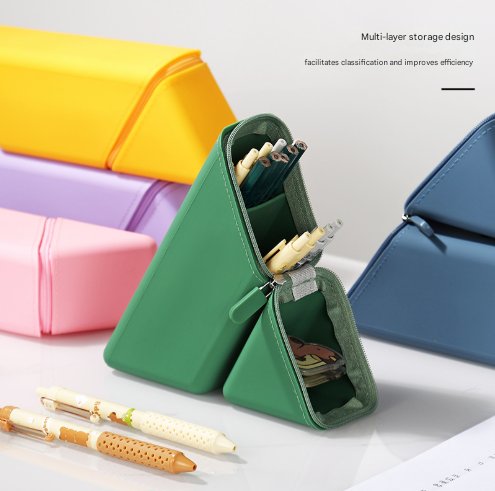 Dark Blue Transforming Silicone Pencil Case - Stand-Up Pen Holder & Stationery Organizer - Image 3