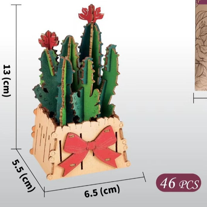 Thousand Flowers DIY 3D Wooden Cactus Puzzle with Red Flowers - 46-Piece Kids' Craft Toy