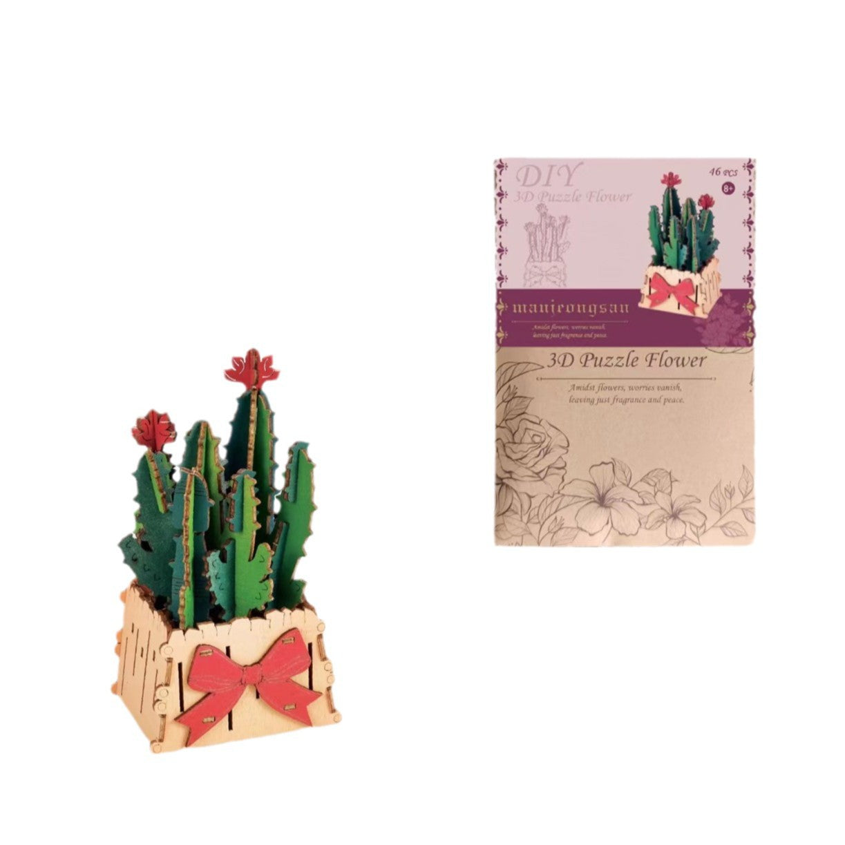 Thousand Flowers DIY 3D Wooden Cactus Puzzle with Red Flowers - 46-Piece Kids' Craft Toy - Image 2