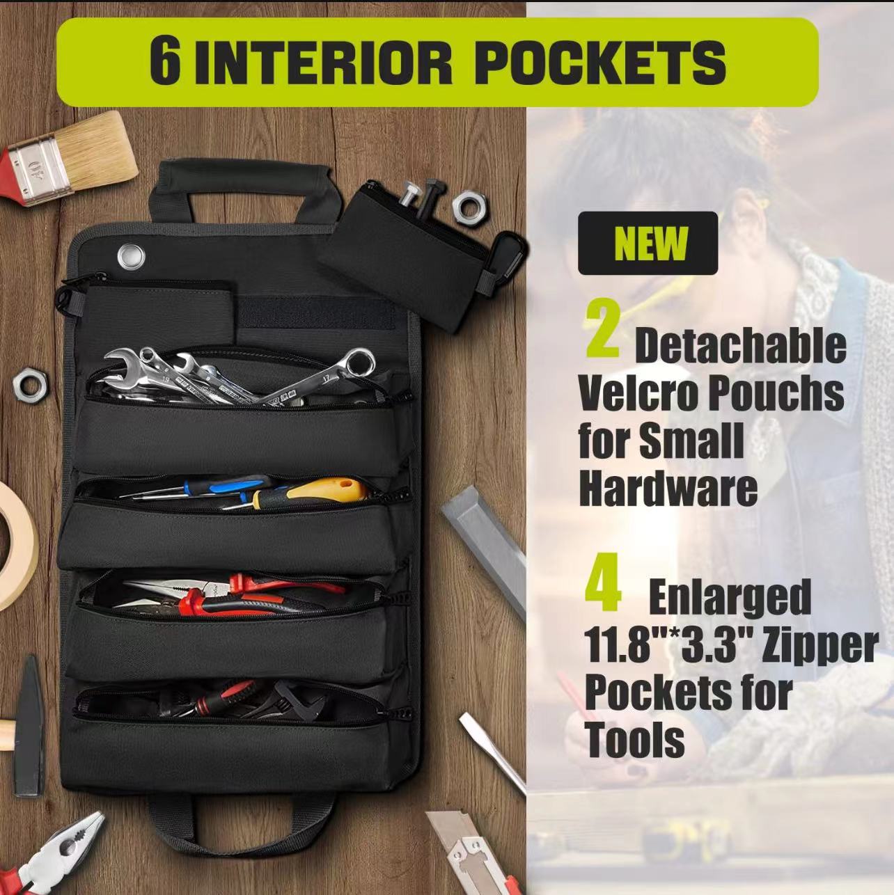 Black Heavy-Duty Tool Organizer Roll with Detachable Pouches - Image 2