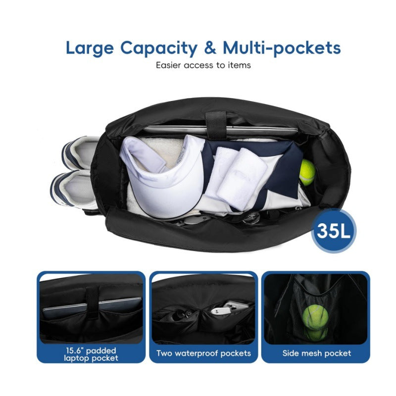 Black Large Quilted Tennis Tote Bag with Shoe Compartment - Waterproof Lightweight for Men and Women - Image 2