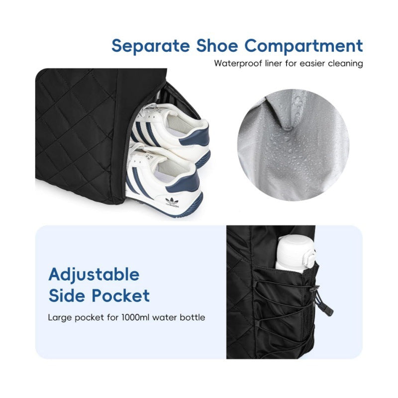 Black Large Quilted Tennis Tote Bag with Shoe Compartment - Waterproof Lightweight for Men and Women - Image 3