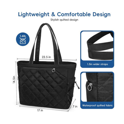 Black Large Quilted Tennis Tote Bag with Shoe Compartment - Waterproof Lightweight for Men and Women - Image 4