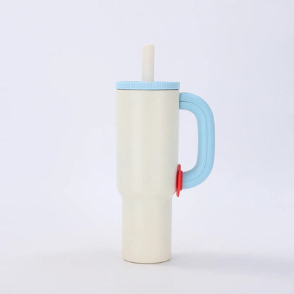 White-blue 40oz Macron Stainless Steel Insulated Tumbler with Handle and Straw - 14.8 x 10.5 x 28 cm Large Capacity Car-Friendly Travel Mug