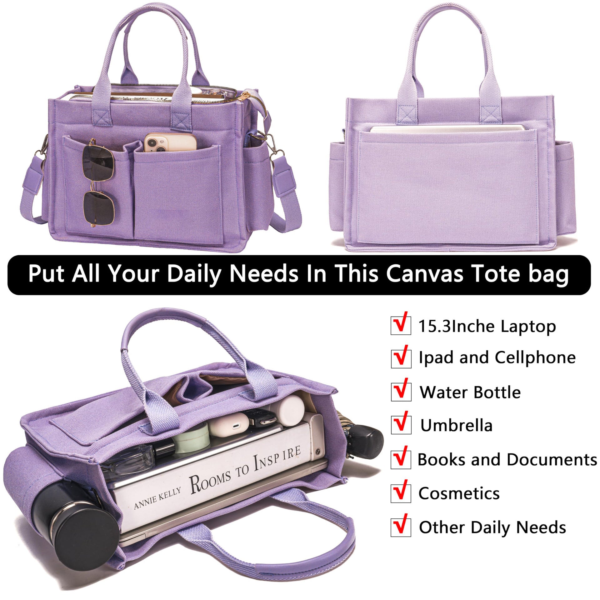 Blue Stylish Women's Large Canvas Tote Bag - 15.3in Laptop Mommy Bag with Crossbody Strap - Image 2