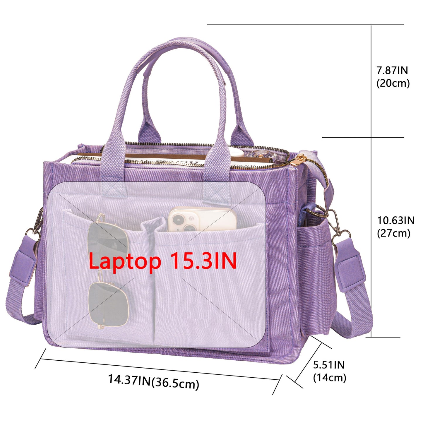 Blue Stylish Women's Large Canvas Tote Bag - 15.3in Laptop Mommy Bag with Crossbody Strap - Image 4