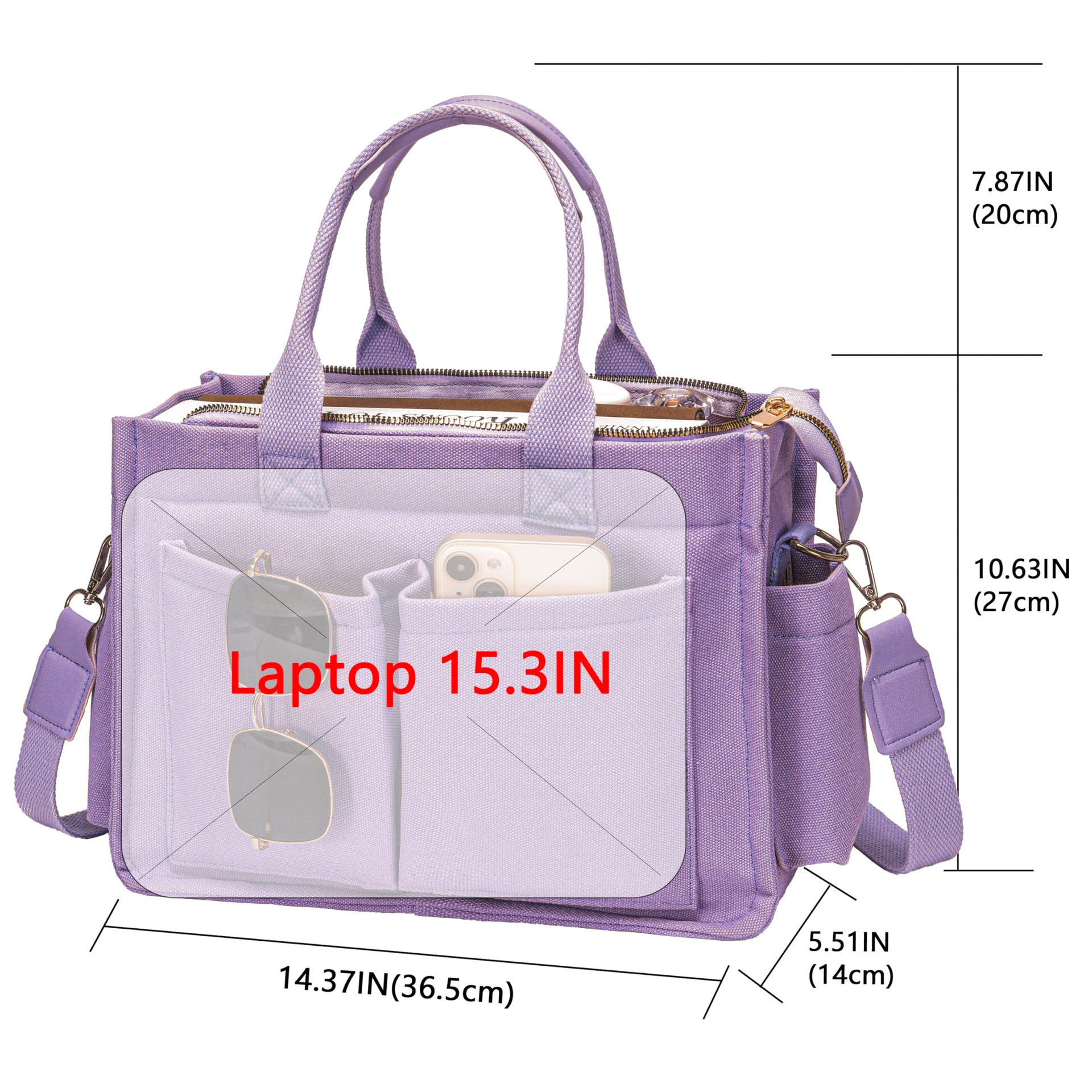 Blue Stylish Women's Large Canvas Tote Bag - 15.3in Laptop Mommy Bag with Crossbody Strap - Image 4