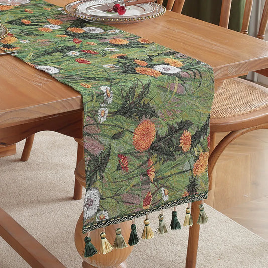 Green Taraxacum Mongolicum American Retro Jacquard Embroidered Table Runner - Light Luxury Table Mat 30cm x 180cm with Tassels