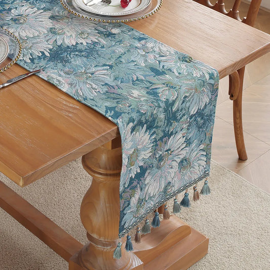 Ink Flower American Retro Jacquard Embroidered Table Runner - Light Luxury Table Mat 30cm x 180cm with Tassels