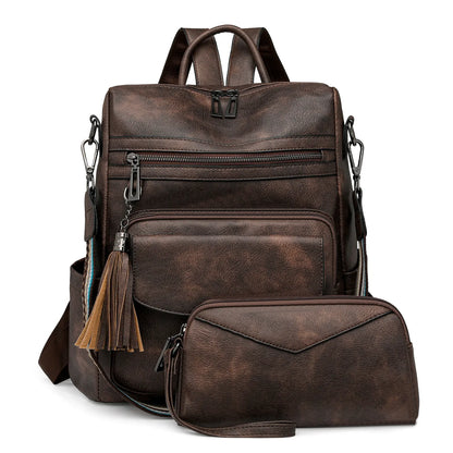 Dark-brown Women's Retro PU Leather Backpack - Dual-Color Tassel Design, Winter High-End Style