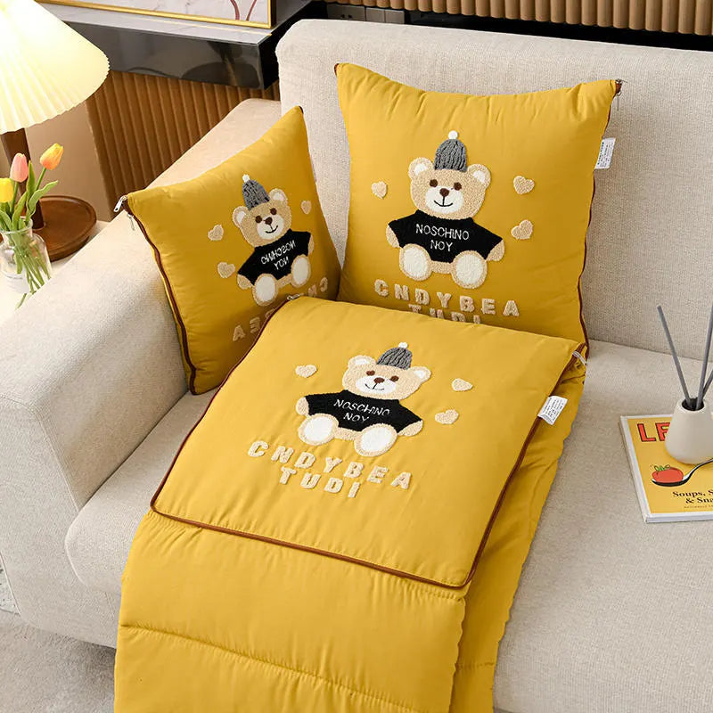 Yellow Cap Bear 2-in-1 Foldable Car Pillow Blanket - Cozy 40x40cm Pillow, Unfolds to 100x150cm Blanket for Travel and Office Naps