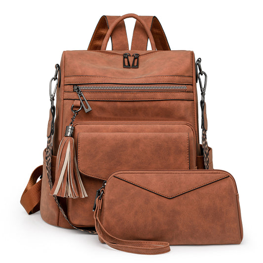 Sheepskin Brown Women's Retro PU Leather Backpack - Dual-Color Tassel Design, Winter High-End Style