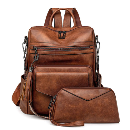 Two-color Brown Rough Women's Retro PU Leather Backpack - Dual-Color Tassel Design, Winter High-End Style