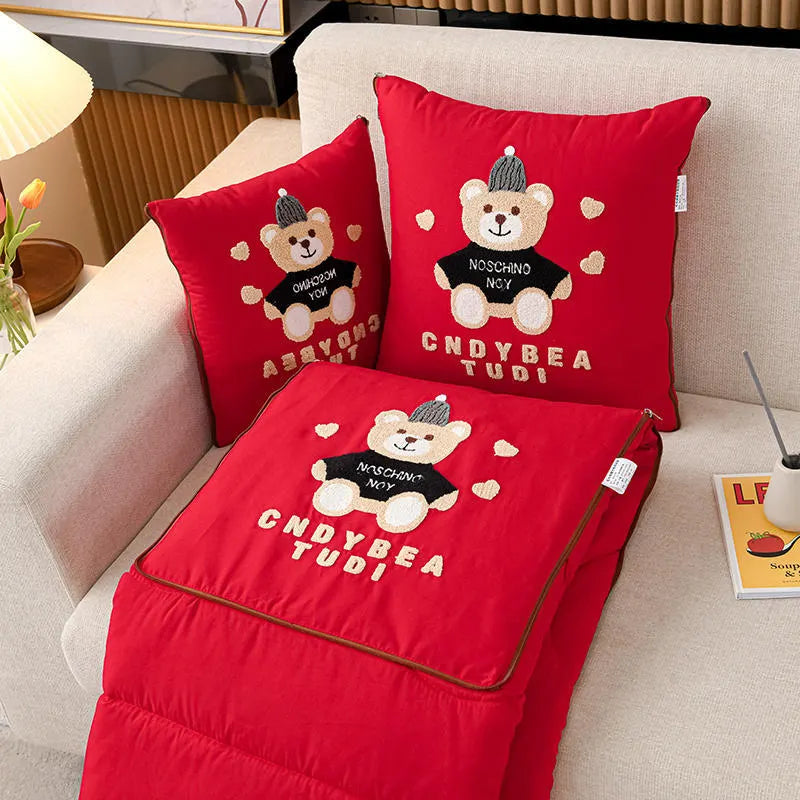 Red Cap Bear 2-in-1 Foldable Car Pillow Blanket - Cozy 40x40cm Pillow, Unfolds to 100x150cm Blanket for Travel and Office Naps