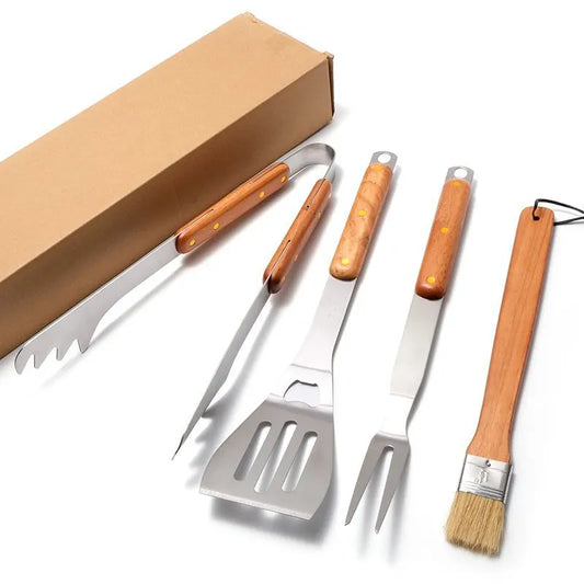 Premium 4-Piece BBQ Tool Set with Rubberwood Handles - Kraft Box - Image 2