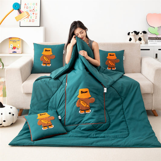 Green Fashion Bear 2-in-1 Foldable Car Pillow Blanket - Cozy 40x40cm Pillow, Unfolds to 100x150cm Blanket for Travel and Office Naps