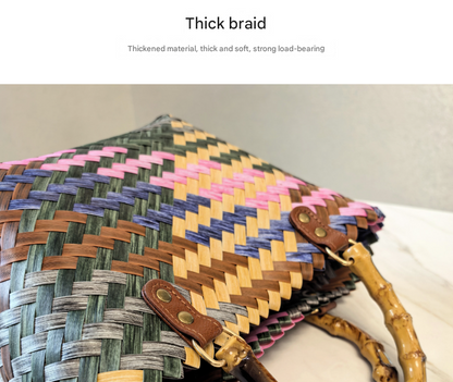 Happy Dog Vintage Striped Dachshund Woven Tote Bag - Stylish Hand-Carry Beach Bag for Women - Image 2