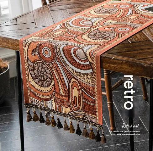 Retro American Retro Jacquard Embroidered Table Runner - Light Luxury Table Mat 30cm x 180cm with Tassels