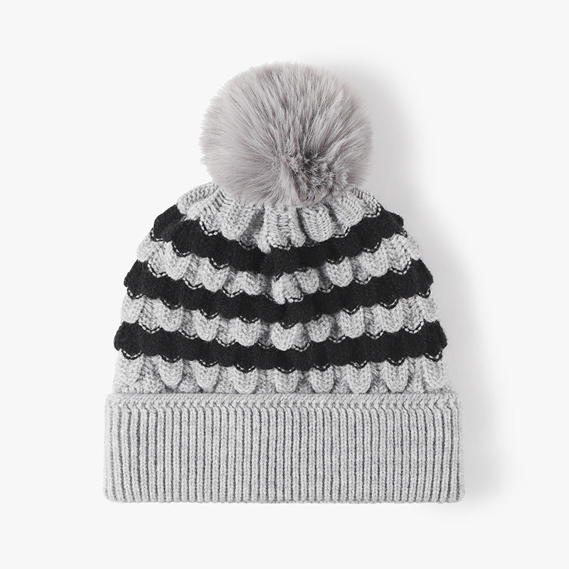 2-PCS Grey Stylish Two-Tone Pom-Pom Ear Warmer Knit Hat - Lined for Women