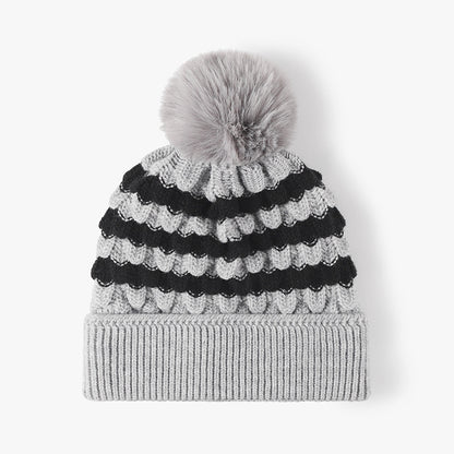 2-PCS Grey Stylish Two-Tone Pom-Pom Ear Warmer Knit Hat - Lined for Women