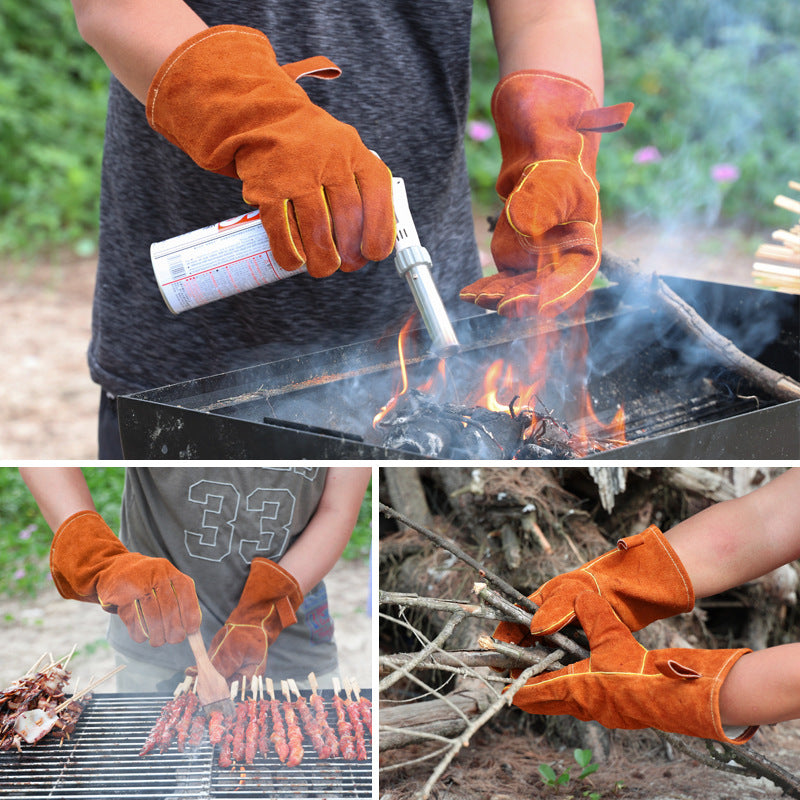 Black-grey 14-Inch Premium Leather BBQ Gloves - Heat-Resistant Up to 500 Degree - Image 2