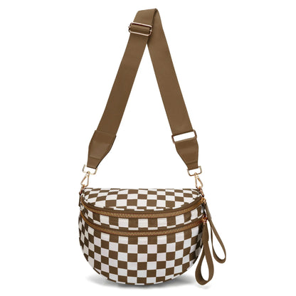 Brown Checkered Trendy Sling Bag - Women's Crescent Crossbody Purse with Wide Adjustable Strap