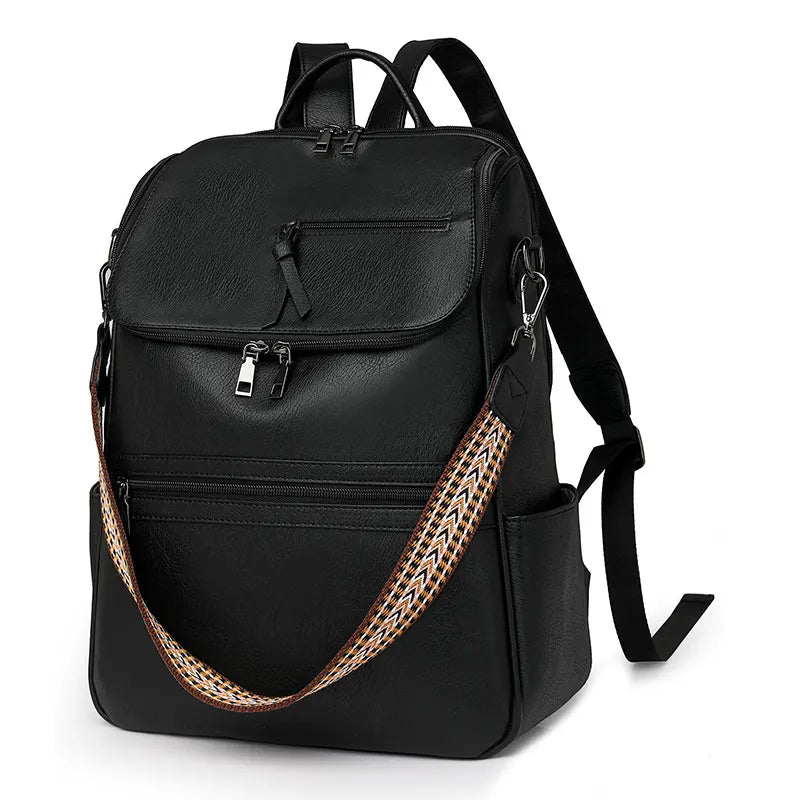 Black Stylish Anti-Theft Backpack for Women - Vintage PU Leather Convertible Rucksack & Shoulder Bag