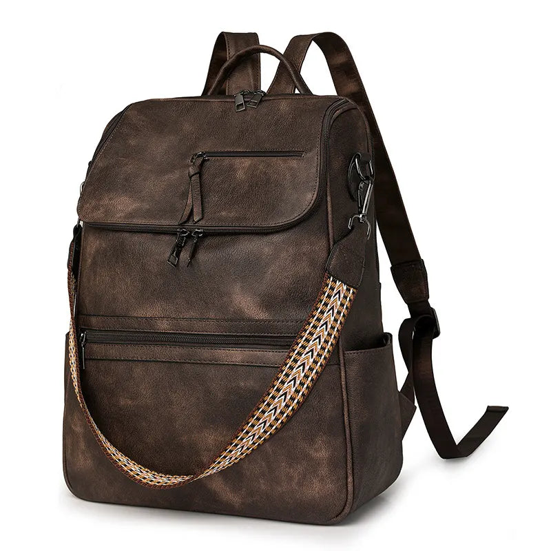 Coffee Stylish Anti-Theft Backpack for Women - Vintage PU Leather Convertible Rucksack & Shoulder Bag