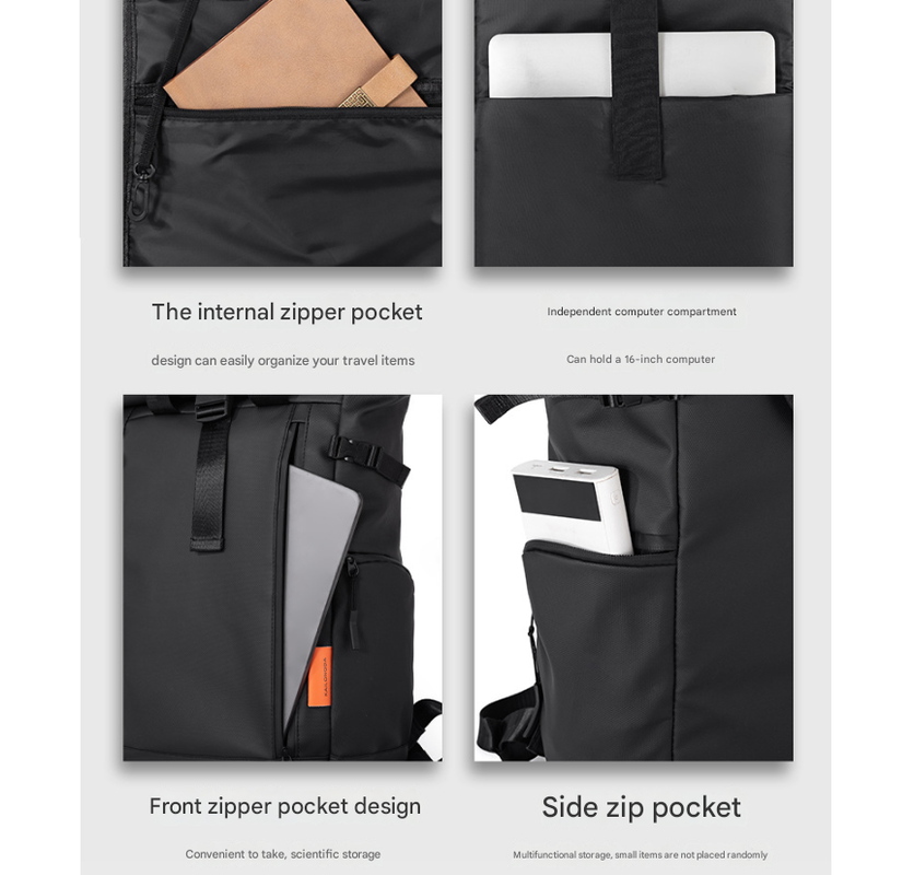 Grey Urban Explorer Roll-Top Backpack - Water-Resistant Large Capacity Bag for Travel, Work & Laptop - Image 4