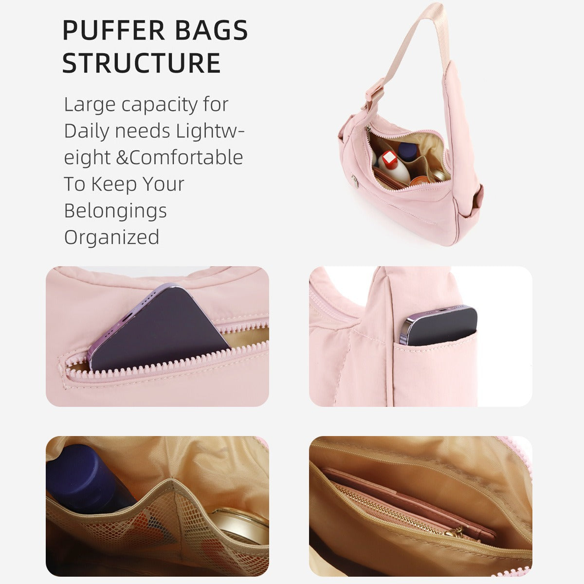 Beige Trendy Nylon Puffer Shoulder Bag for Women - Lightweight Large Capacity Underarm Tote - Image 2