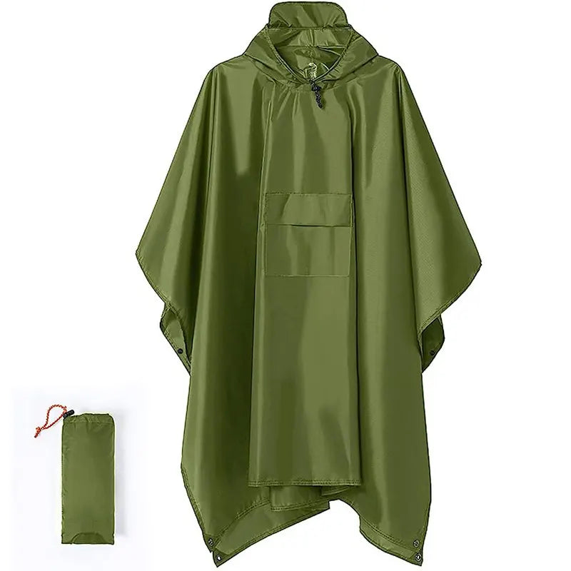 Green 3-in-1 Waterproof Rain Poncho - Lightweight Hooded Raincoat, Ground Tarp & Emergency Shelter for Hiking, Camping, and Outdoor Survival