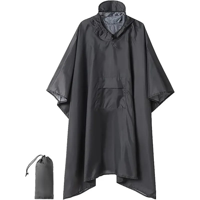 Grey 3-in-1 Waterproof Rain Poncho - Lightweight Hooded Raincoat, Ground Tarp & Emergency Shelter for Hiking, Camping, and Outdoor Survival