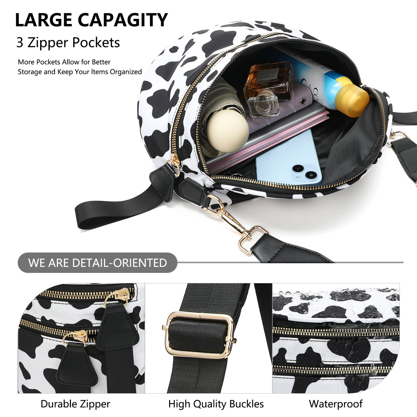 Light Grey Checkered Trendy Sling Bag - Women's Crescent Crossbody Purse with Wide Adjustable Strap - Image 4