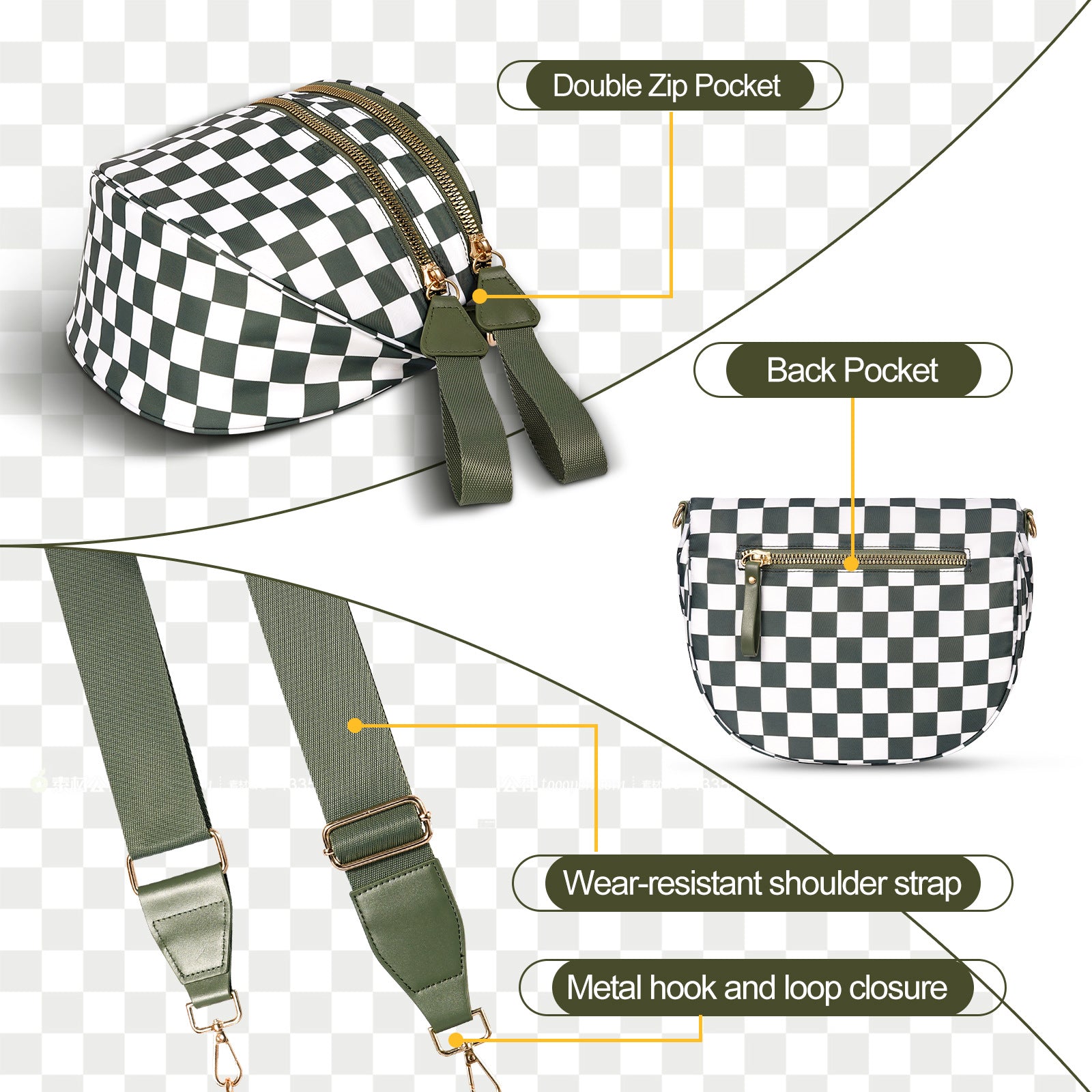 Coffee White Checkered Trendy Sling Bag - Women's Crescent Crossbody Purse with Wide Adjustable Strap - Image 3