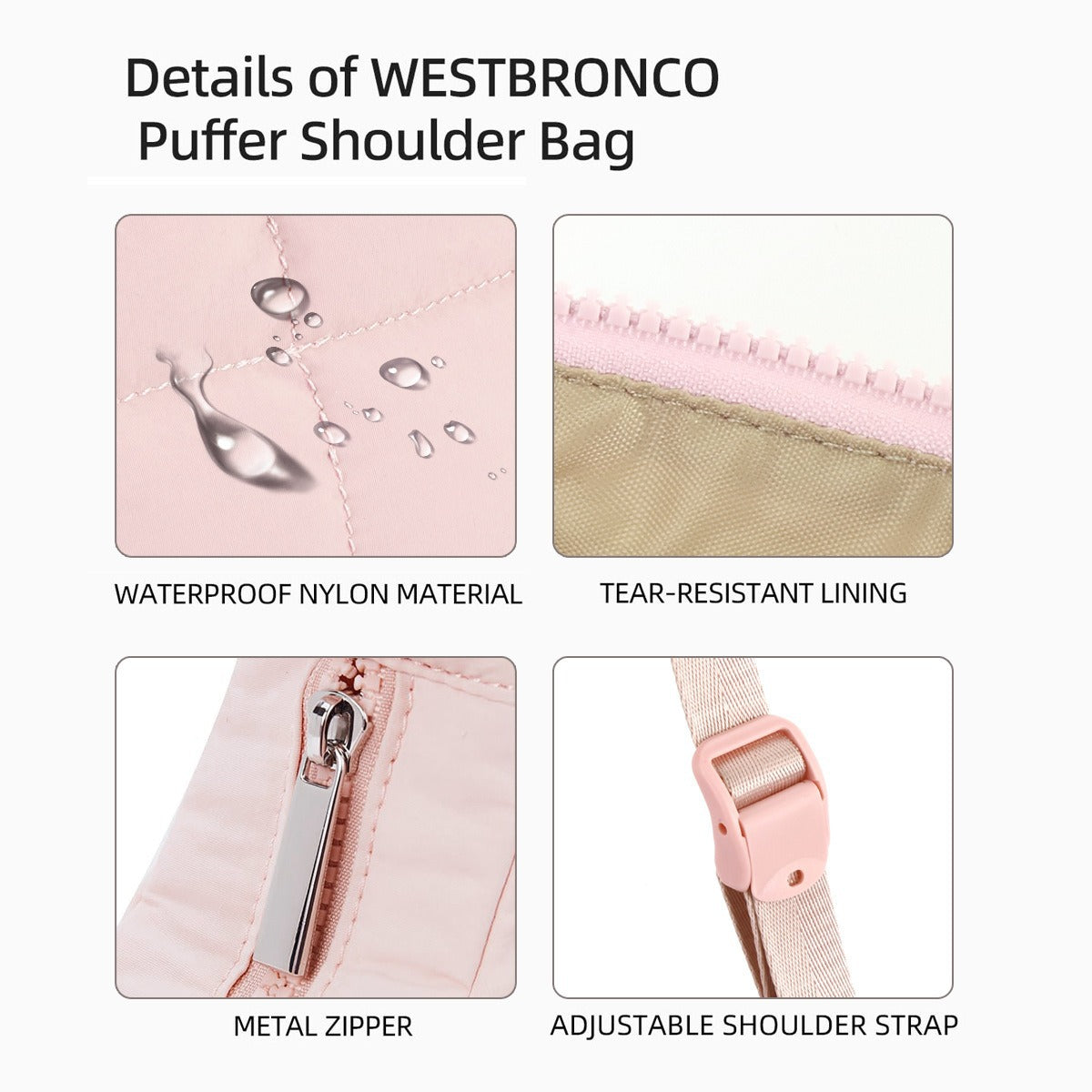 Pink Trendy Nylon Puffer Shoulder Bag for Women - Lightweight Large Capacity Underarm Tote - Image 3