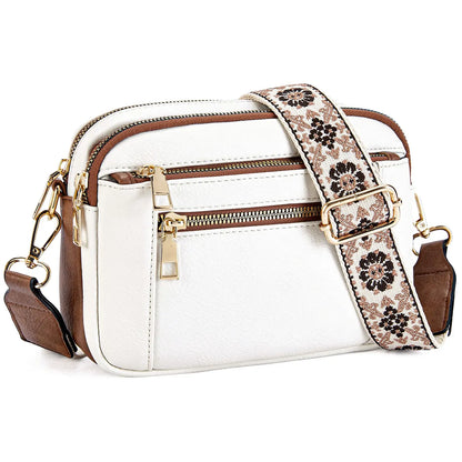 Double Zipper White Brown Chic Quilted Crossbody Bag - Vintage PU Leather Shoulder Purse with Adjustable Strap