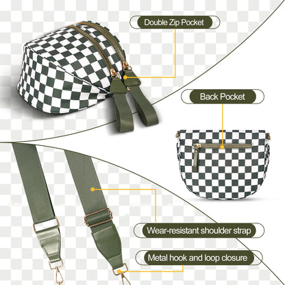 Black-white Cow Checkered Trendy Sling Bag - Women's Crescent Crossbody Purse with Wide Adjustable Strap - Image 3