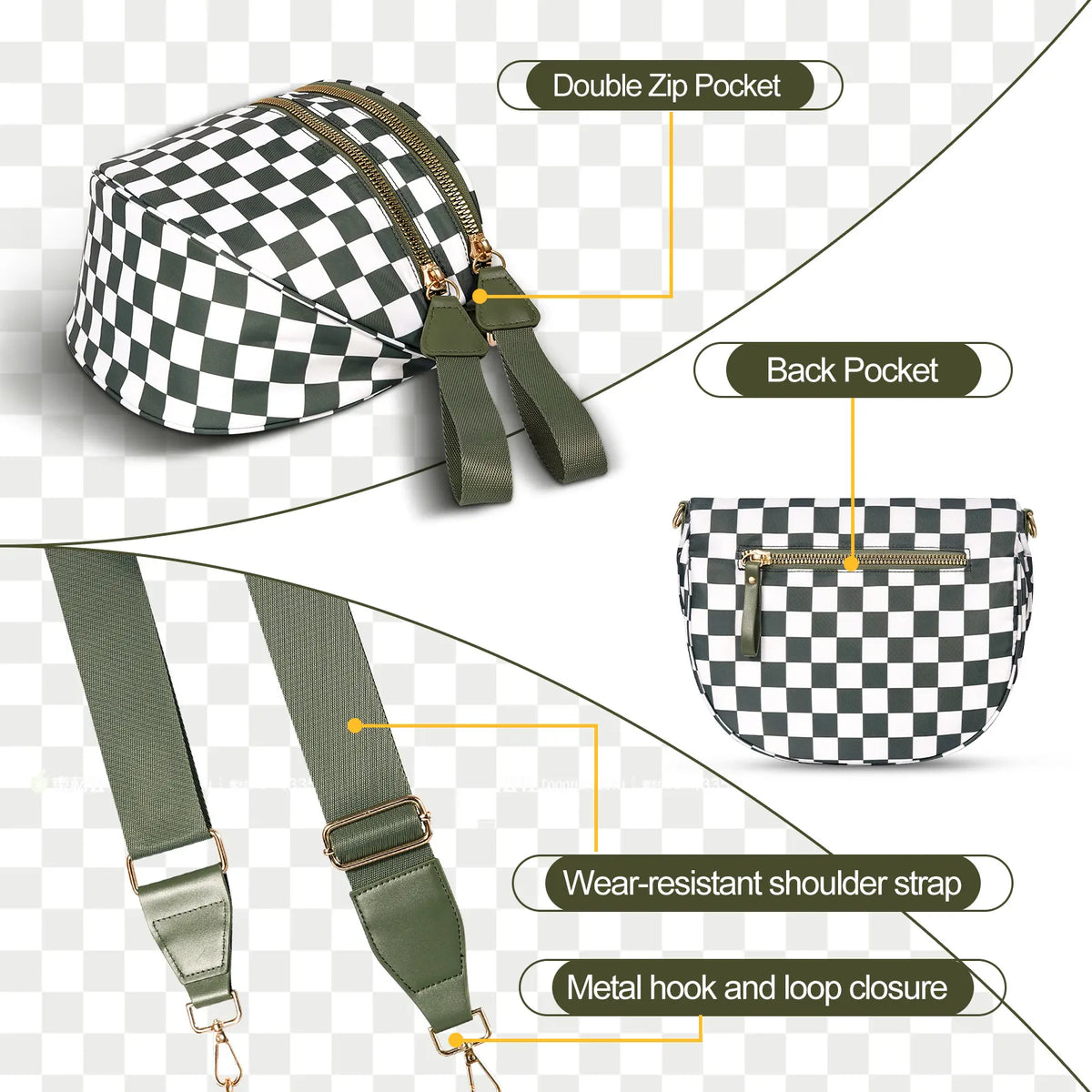 Light Brown Checkered Trendy Sling Bag - Women's Crescent Crossbody Purse with Wide Adjustable Strap - Image 3
