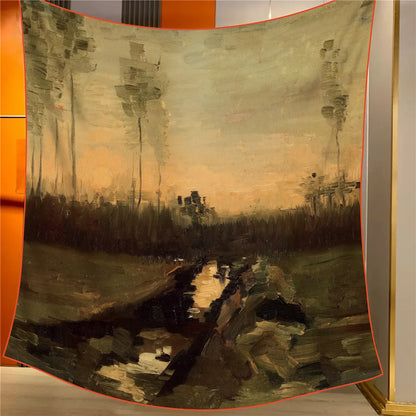 Landscape at Dusk Elegant Artistry Shawl - Large 130cm Square Scarf with Oil Painting Print & Hand-Rolled Hem