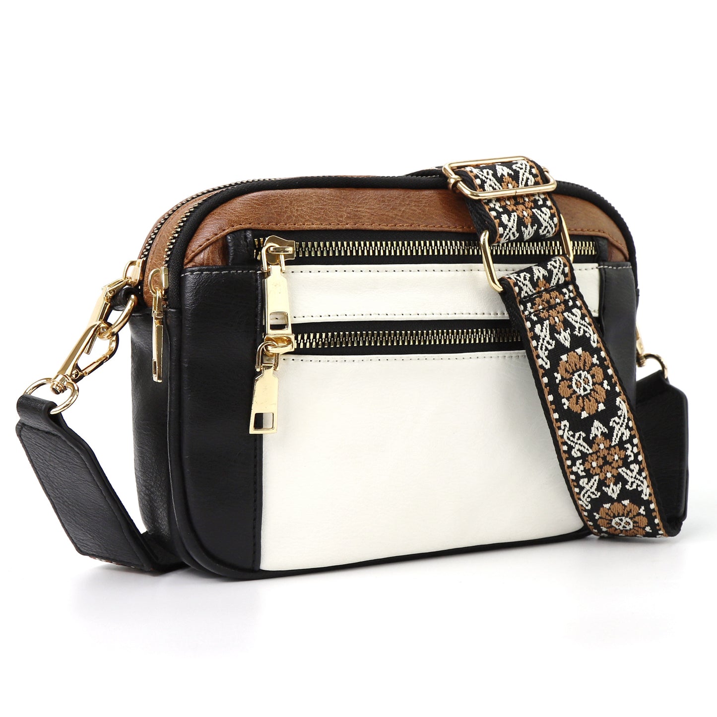 Double Zipper Black White Brown Chic Quilted Crossbody Bag - Vintage PU Leather Shoulder Purse with Adjustable Strap