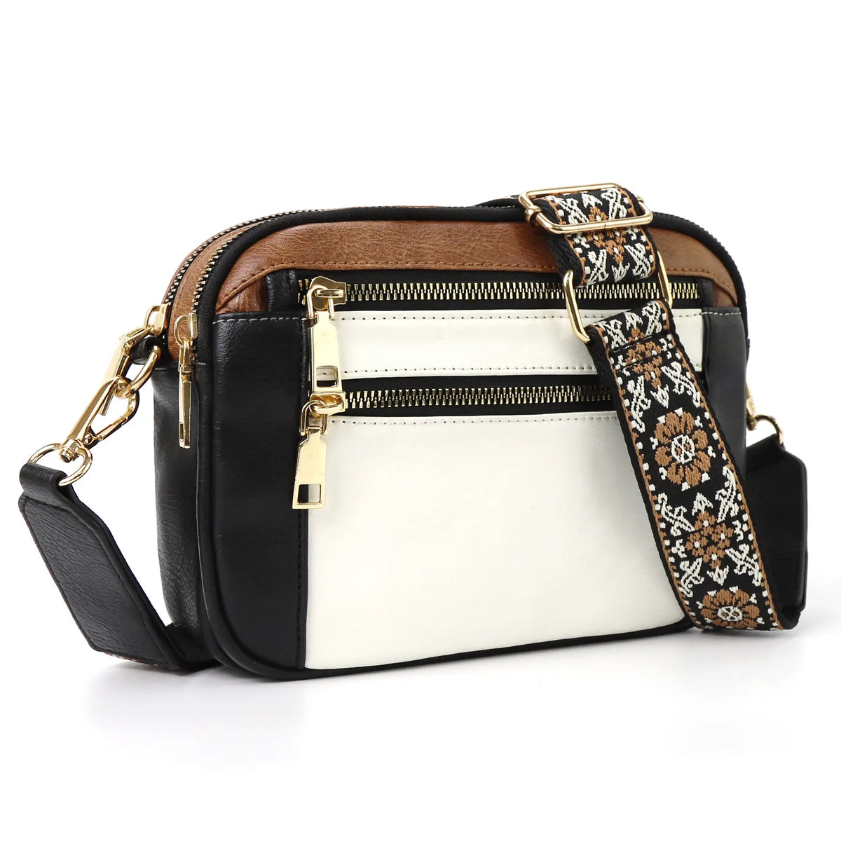 Double Zipper Black White Brown Chic Quilted Crossbody Bag - Vintage PU Leather Shoulder Purse with Adjustable Strap