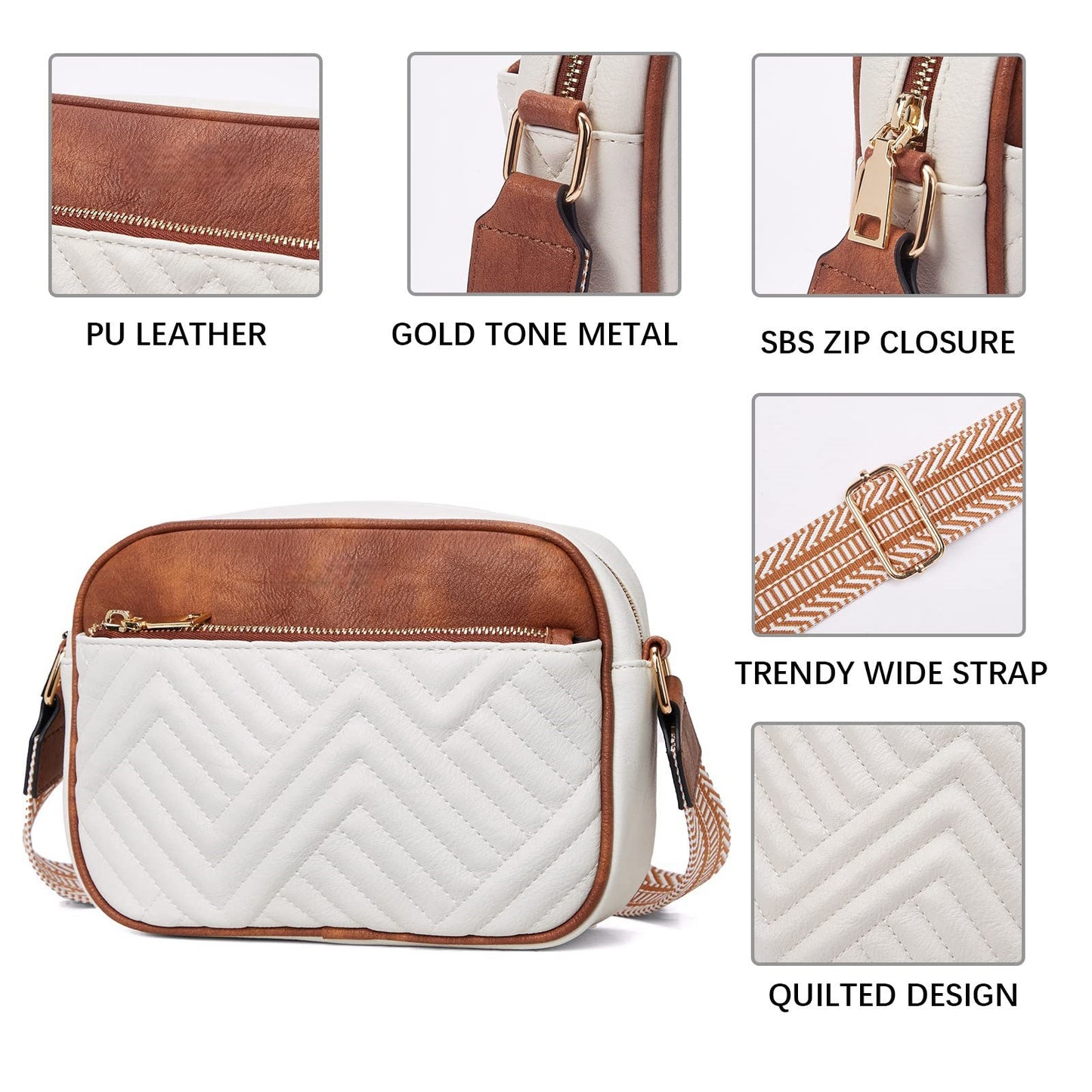 Double Zipper Black White Brown Chic Quilted Crossbody Bag - Vintage PU Leather Shoulder Purse with Adjustable Strap - Image 3