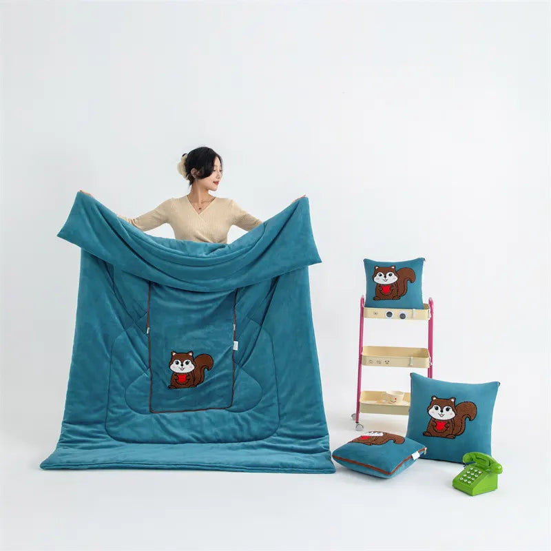 Blue Little Squirrel - 2-in-1 Foldable Car Pillow Blanket - Cozy 40x40cm Pillow, Unfolds to 100x150cm Blanket for Travel and Office Naps