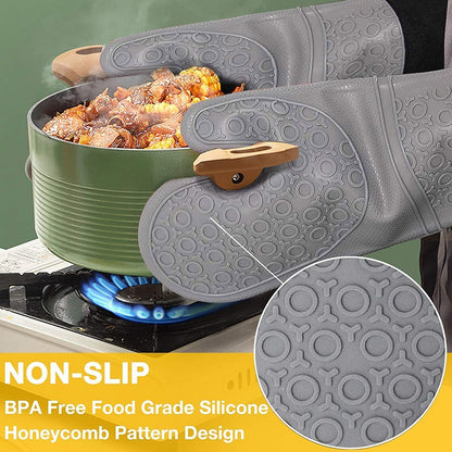 Grey Set BPA-Free Non-Slip Silicone Oven Mitts - Heat Resistant Gloves with Honeycomb Pattern for Kitchen Safety - Image 2