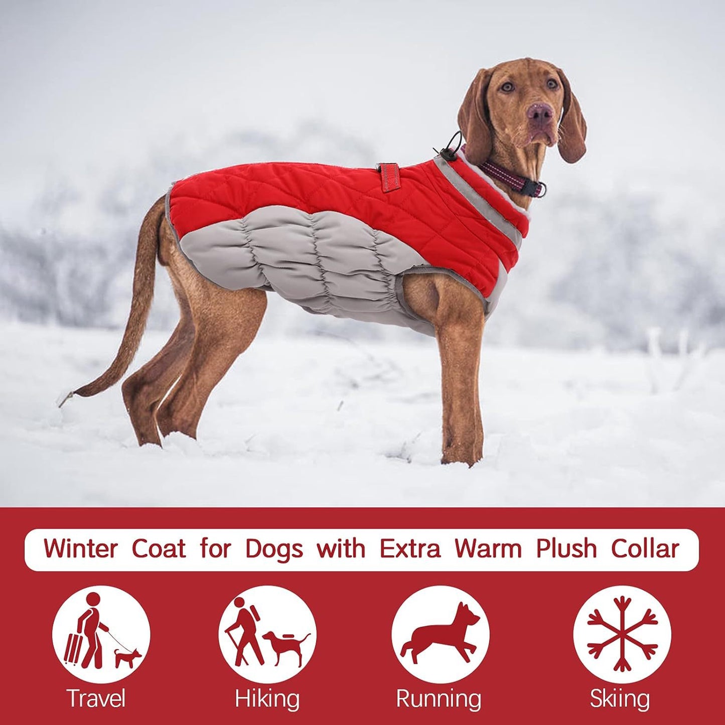 XXL Red Grey Premium Winter Puffer Dog Coat - Windproof & Fleece-Lined Jacket for Cold Weather - Image 2