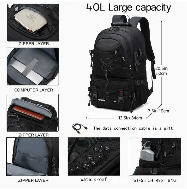 Blue 40L Large Capacity Travel Backpack - Water-Resistant Hiking Rucksack with USB Charging Port - Image 2