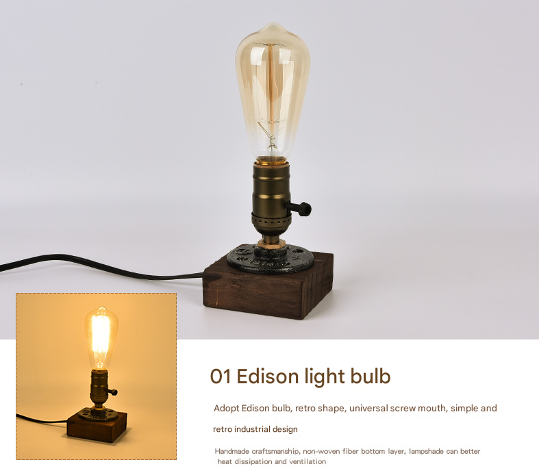 Rustic Industrial Table Lamp Vintage Wooden Base Accent Light - Image 3